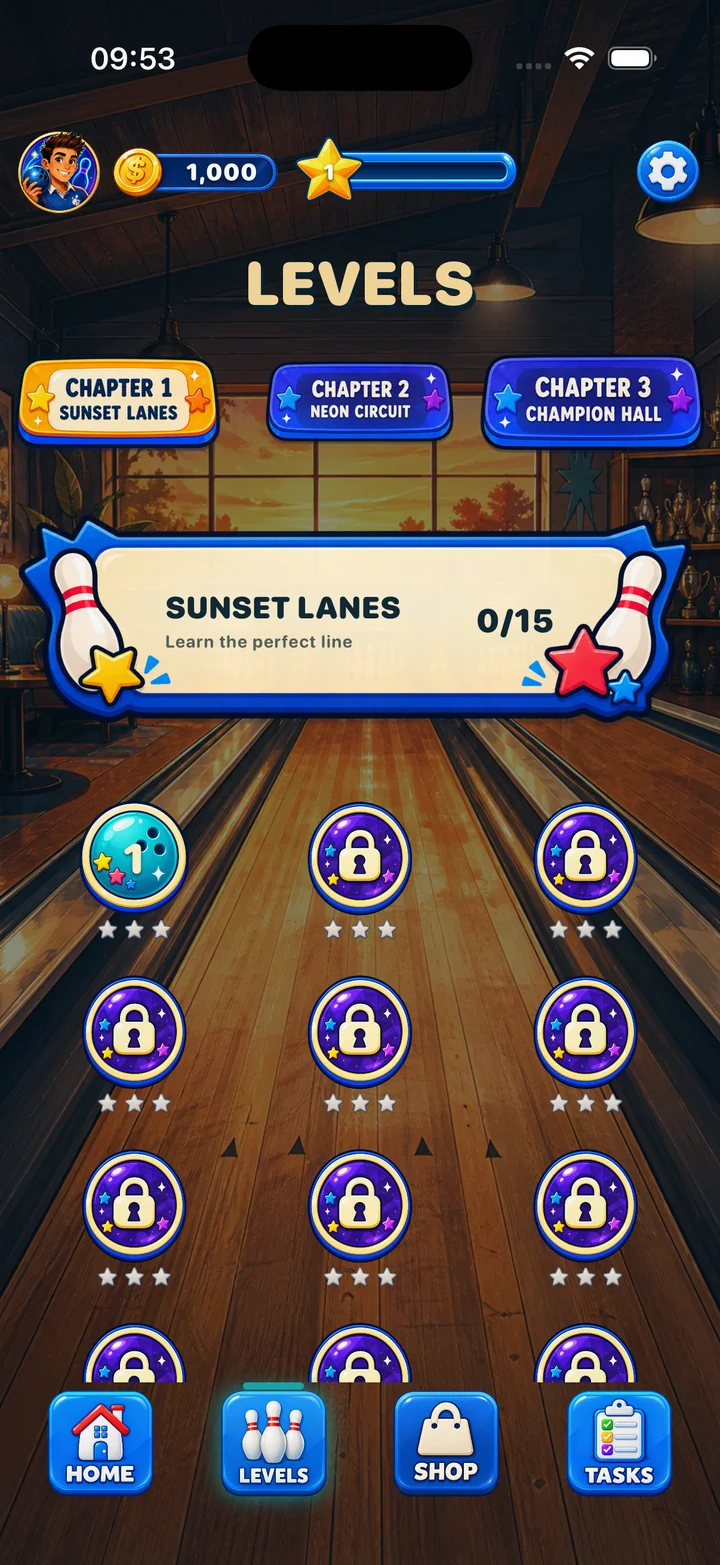 Level selection screen showing the three chapters and level stars