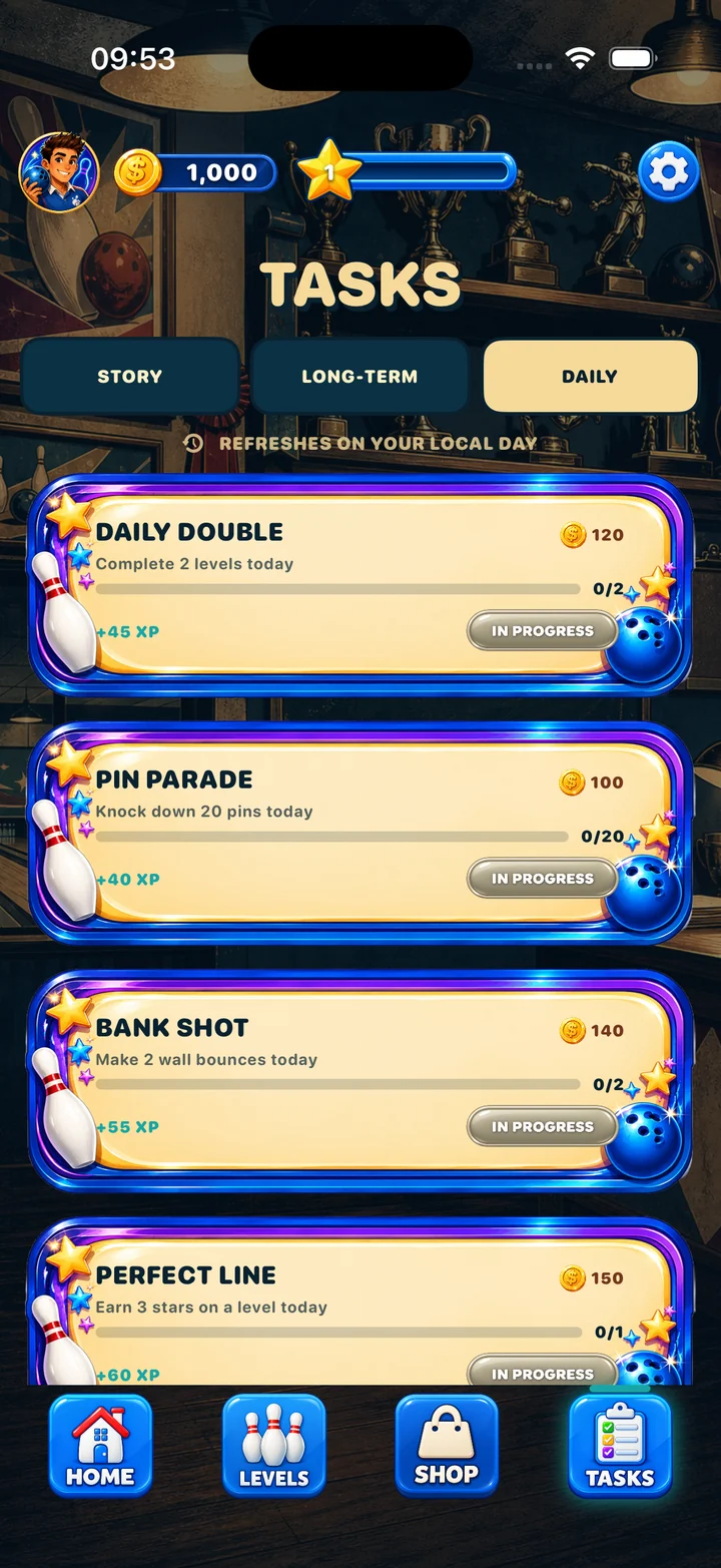 Tasks screen showing story, daily, and long-term goals
